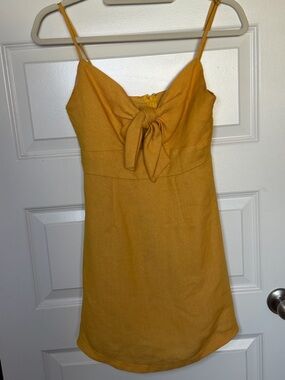 Saints + Secrets 100% Rayon Tie-Front Spaghetti Strap Mini Dress in Mustard